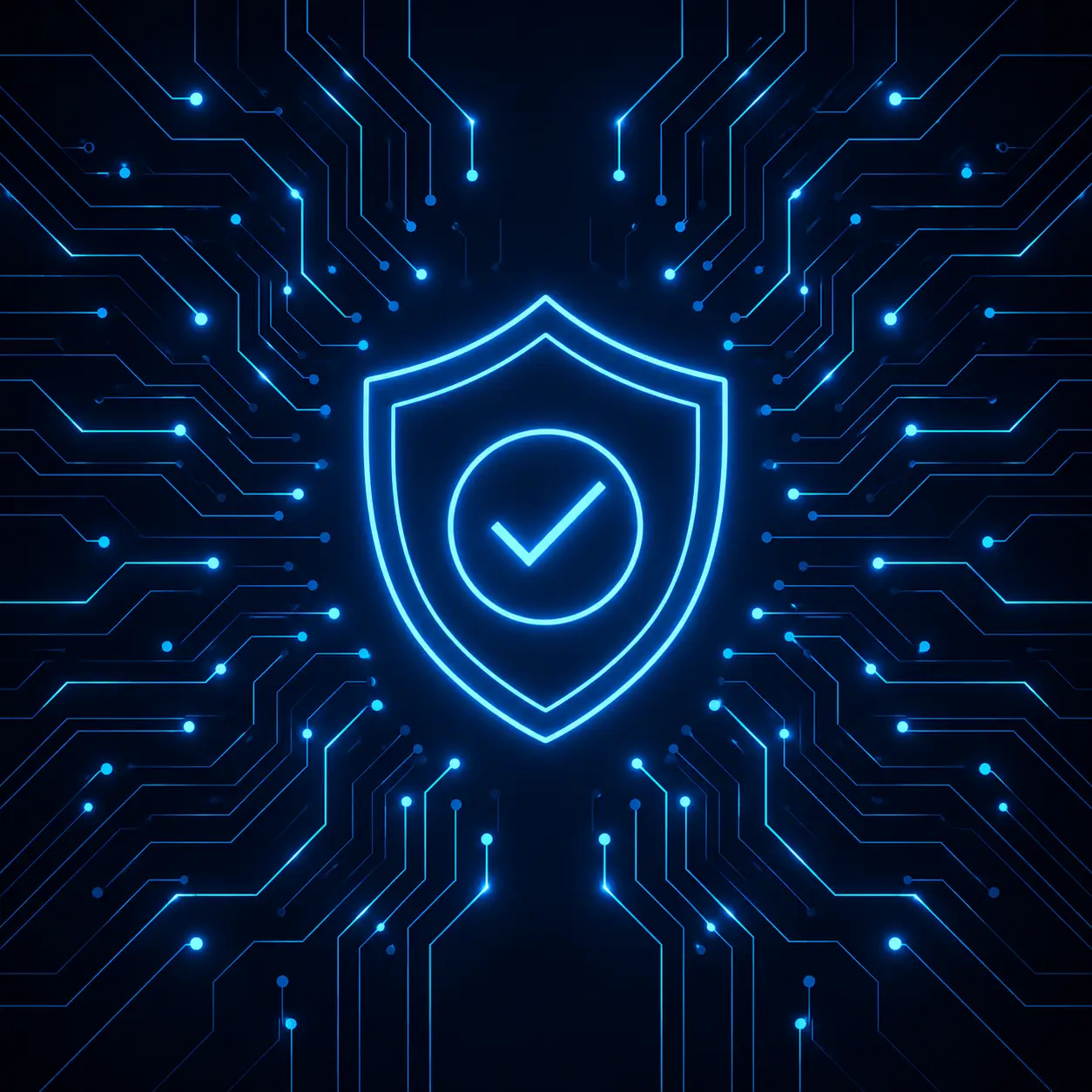 Bouclier lumineux bleu avec coche de validation, entouré de circuits numériques sur un fond bleu marine sombre. Mise en conformité WooCommerce.